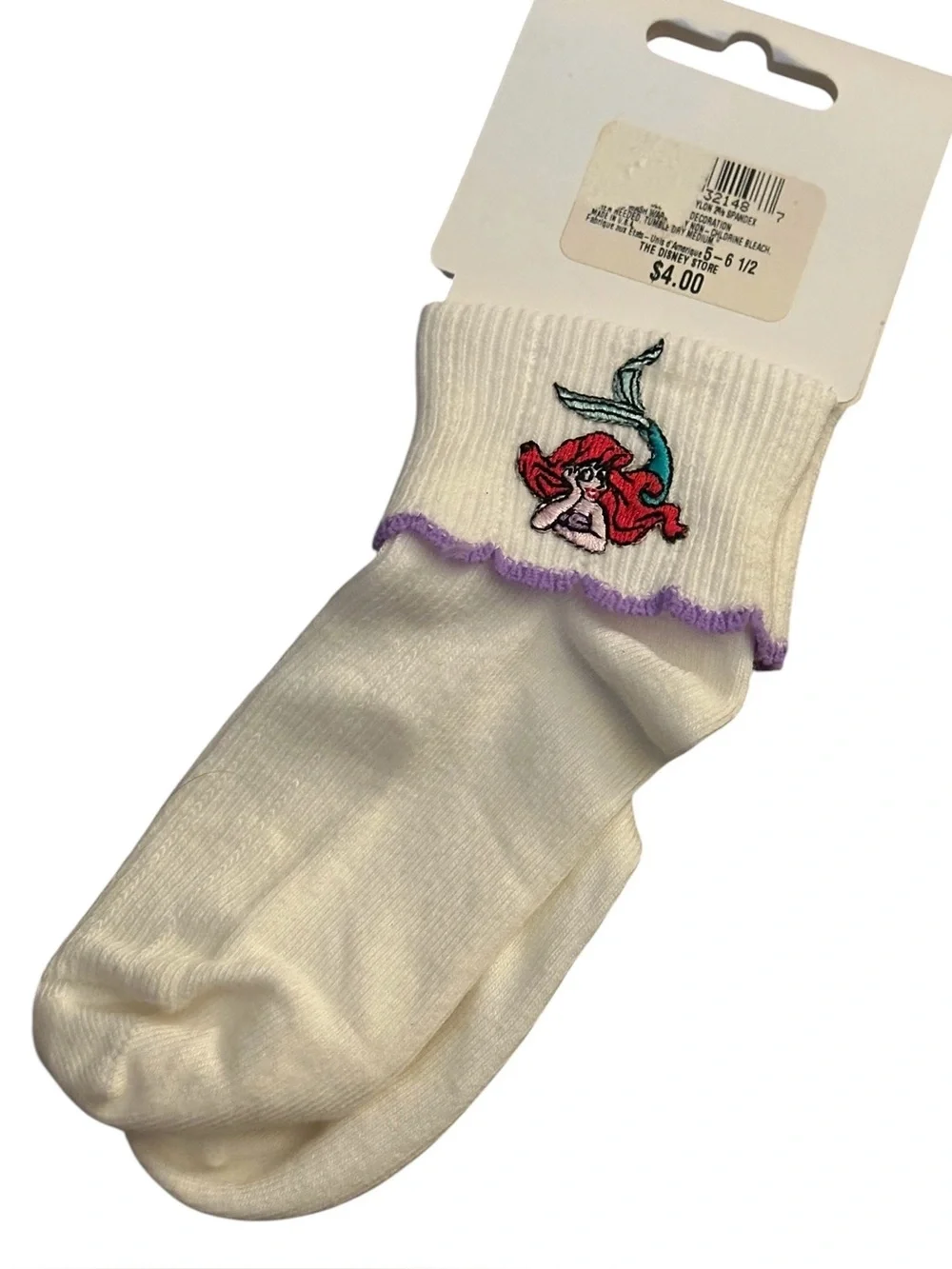 Vtg Ariel Disney Little Mermaid Embroidered Socks Fold Over Size 12/24 Months